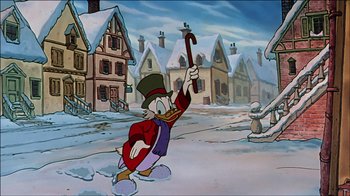 Movie still from “Mickey's Christmas Carol” (1983), directed by Burny Mattinson – Scrooge mcduck in the snow holding an umbrella; Wide shot, Low angle