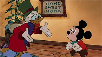 Movie still from “Mickey's Christmas Carol” (1983), directed by Burny Mattinson – A cartoon of mickey mouse and scrooge mcduck; Medium shot, Over the shoulder angle
