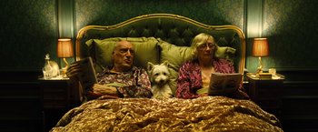 Movie still from “Micmacs” (2009), directed by Jean-Pierre Jeunet – An older man and woman sitting on a bed with a dog; Wide shot, High angle