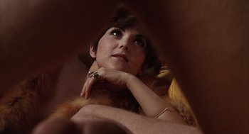 Movie still from “Midnight Cowboy” (1969), directed by John Schlesinger – A woman in a fur coat looking up at the sky; Extreme Close Up shot, Overhead angle