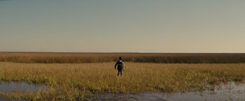 Movie still from “Midnight Special” (2016), directed by Jeff Nichols – A man standing in a field looking out over the water; Extreme Wide shot, Over the shoulder angle