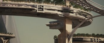 Movie still from “Midnight Special” (2016), directed by Jeff Nichols – An overpass with a bunch of trains on it; Extreme Wide shot, High angle