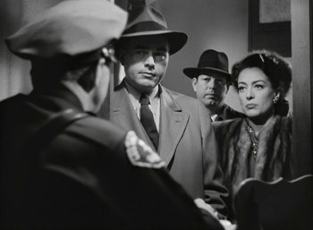 Movie still from “Mildred Pierce” (1945), directed by Michael Curtiz – A group of men and women standing next to each other; Medium shot, Over the shoulder angle