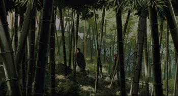 Movie still from “Millennium Actress” (2001), directed by Kô Matsuo – Two people walking through a bamboo forest in the woods; Wide shot, Low angle