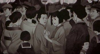 Movie still from “Millennium Actress” (2001), directed by Kô Matsuo – A black and white photo of two people holding umbrellas; Extreme Close Up shot, High angle
