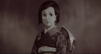 Movie still from “Millennium Actress” (2001), directed by Kô Matsuo – An old photo of an asian doll wearing a kimono; Extreme Close Up shot, High angle