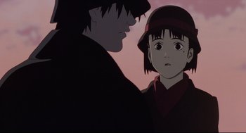 Movie still from “Millennium Actress” (2001), directed by Kô Matsuo – A young boy and a young girl looking at each other; Close Up shot, Over the shoulder angle