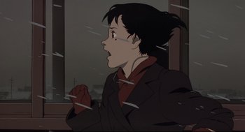 Movie still from “Millennium Actress” (2001), directed by Kô Matsuo – An animated person is looking out a window; Close Up shot, Low angle
