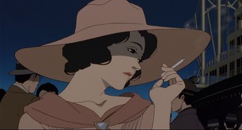 Movie still from “Millennium Actress” (2001), directed by Kô Matsuo – An illustration of a woman smoking a cigarette in front of a sky background; Close Up shot, Over the shoulder angle