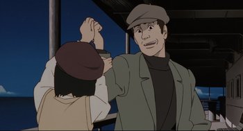 Movie still from “Millennium Actress” (2001), directed by Kô Matsuo – An animated picture of a man and a woman holding hands; Close Up shot, High angle