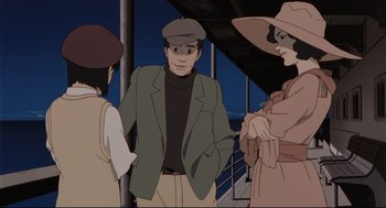 Movie still from “Millennium Actress” (2001), directed by Kô Matsuo – An animated picture of a man and two women; Medium shot, Over the shoulder angle