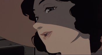 Movie still from “Millennium Actress” (2001), directed by Kô Matsuo – A woman's face is shown in a painting style; Extreme Close Up shot, Overhead angle