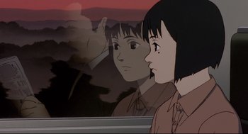 Movie still from “Millennium Actress” (2001), directed by Kô Matsuo – A girl and a boy looking out of a window; Close Up shot, Low angle