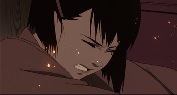 Movie still from “Millennium Actress” (2001), directed by Kô Matsuo – An animated woman is crying in the dark; Extreme Close Up shot, Low angle