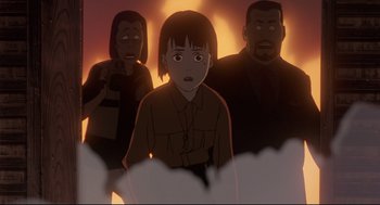 Movie still from “Millennium Actress” (2001), directed by Kô Matsuo – A group of people standing in front of a fire; Close Up shot, High angle