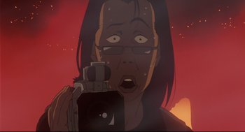 Movie still from “Millennium Actress” (2001), directed by Kô Matsuo – An animated woman holding a camera in front of a red sky; Extreme Close Up shot, Low angle