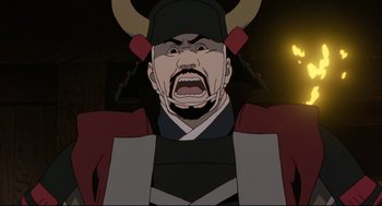 Movie still from “Millennium Actress” (2001), directed by Kô Matsuo – An animated picture of a man with horns and a beard; Close Up shot, Low angle