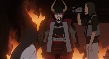 Movie still from “Millennium Actress” (2001), directed by Kô Matsuo – An image of an animated character with horns; Medium shot, High angle
