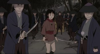 Movie still from “Millennium Actress” (2001), directed by Kô Matsuo – A group of people standing in the woods holding swords; Medium shot, High angle
