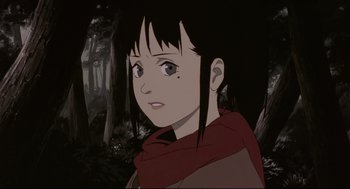Movie still from “Millennium Actress” (2001), directed by Kô Matsuo – A girl with a red scarf is in the woods; Close Up shot, Low angle