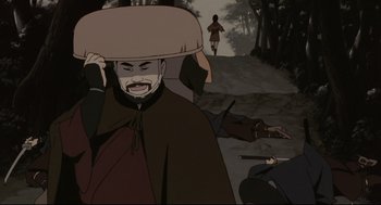 Movie still from “Millennium Actress” (2001), directed by Kô Matsuo – An animated scene of a man with a hat on his head; Medium shot, High angle