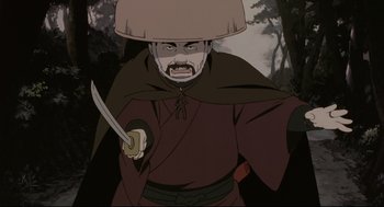 Movie still from “Millennium Actress” (2001), directed by Kô Matsuo – An animated man with a hat on holding a sword; Close Up shot, Low angle