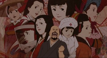 Movie still from “Millennium Actress” (2001), directed by Kô Matsuo – A group of people with a man in the middle of the picture; Extreme Close Up shot, Low angle