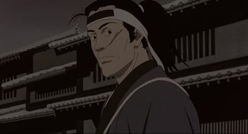 Movie still from “Millennium Actress” (2001), directed by Kô Matsuo – An animated picture of a man in a black robe; Close Up shot, Low angle