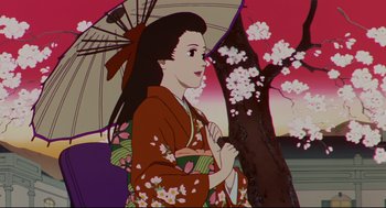 Movie still from “Millennium Actress” (2001), directed by Kô Matsuo – An animated woman holding an umbrella in front of a tree; Medium shot, Low angle