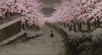 Movie still from “Millennium Actress” (2001), directed by Kô Matsuo – A painting of a person walking down a path in the woods; Extreme Wide shot, High angle