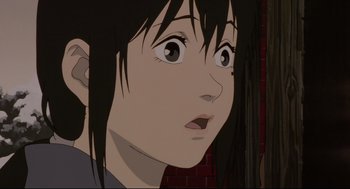 Movie still from “Millennium Actress” (2001), directed by Kô Matsuo – A person with long black hair; Close Up shot, Low angle