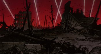 Movie still from “Millennium Actress” (2001), directed by Kô Matsuo – An image of an apocalyptic scene with a red sky; Extreme Wide shot, Low angle