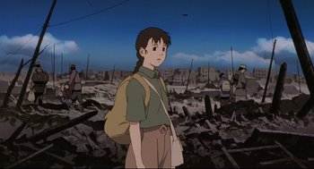 Movie still from “Millennium Actress” (2001), directed by Kô Matsuo – An animated picture of a girl in a field; Medium shot, Low angle