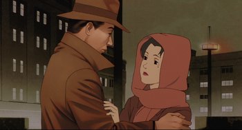 Movie still from “Millennium Actress” (2001), directed by Kô Matsuo – An animated scene of a man and a woman; Close Up shot, Low angle