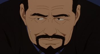 Movie still from “Millennium Actress” (2001), directed by Kô Matsuo – An animated face of a man with a beard and mustache; Close Up shot, Low angle