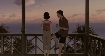 Movie still from “Millennium Actress” (2001), directed by Kô Matsuo – A man and a woman standing on a balcony; Medium shot, High angle