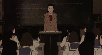 Movie still from “Millennium Actress” (2001), directed by Kô Matsuo – An animated scene of a boy sitting at a table with a book; Medium shot, High angle