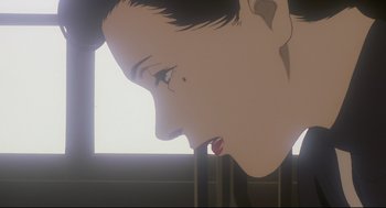 Movie still from “Millennium Actress” (2001), directed by Kô Matsuo – A woman's face in front of a window; Extreme Close Up shot, Low angle
