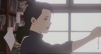 Movie still from “Millennium Actress” (2001), directed by Kô Matsuo – A woman is looking out a window at the sun; Close Up shot, Low angle