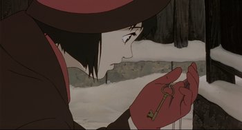 Movie still from “Millennium Actress” (2001), directed by Kô Matsuo – A woman holding a key in her hand; Extreme Close Up shot, High angle