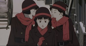 Movie still from “Millennium Actress” (2001), directed by Kô Matsuo – A group of people wearing hats and scarves; Close Up shot, High angle