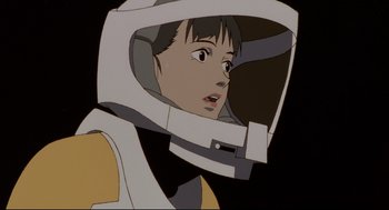 Movie still from “Millennium Actress” (2001), directed by Kô Matsuo – An animated picture of a person wearing a space helmet; Close Up shot, Low angle