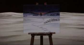 Movie still from “Millennium Actress” (2001), directed by Kô Matsuo – An easel with a painting of a person walking in the snow; Wide shot, High angle