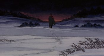 Movie still from “Millennium Actress” (2001), directed by Kô Matsuo – A painting of a person walking in the snow; Extreme Wide shot, High angle