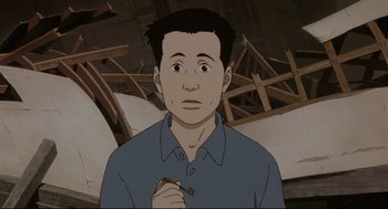 Movie still from “Millennium Actress” (2001), directed by Kô Matsuo – An animated man holding a pencil in his hand; Close Up shot, High angle