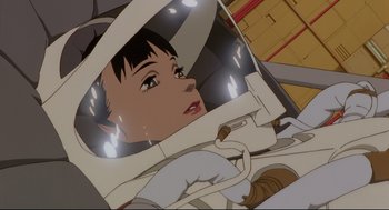 Movie still from “Millennium Actress” (2001), directed by Kô Matsuo – An animated woman wearing a white helmet in a space suit; Close Up shot, Low angle
