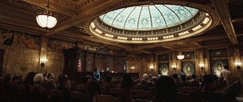 Movie still from “Miracle at St. Anna” (2008), directed by Spike Lee – A court room filled with people in front of a judge; Extreme Wide shot, Low angle