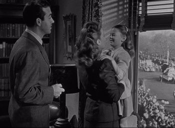 Movie still from “Miracle on 34th Street” (1947), directed by George Seaton – A man and a woman and a little girl in a room; Medium shot, High angle
