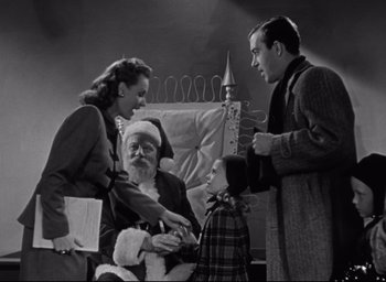 Movie still from “Miracle on 34th Street” (1947), directed by George Seaton – An old photo of two adults and two children; Medium shot, High angle
