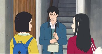Movie still from “Mirai” (2018), directed by Mamoru Hosoda – A group of people standing next to each other on stairs; Medium shot, Over the shoulder angle